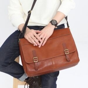 Fossil 100% Leather Tan Brown Messenger Bag Adjustable Strap Brass Hardware